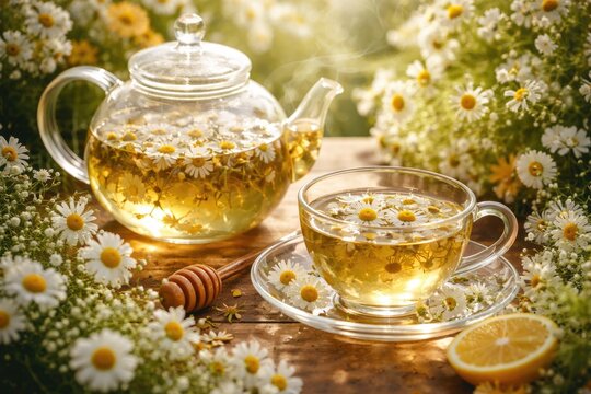 Delicate chamomile tea brewing in a classic teapot with a cup framed by fresh summer blossoms