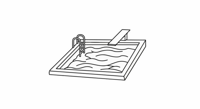 A black and white drawing of a swimming pool with a ladder and diving board