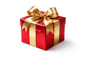 Fototapeta premium Decorative red wrapped gift with a glossy gold ribbon placed on a pure white background