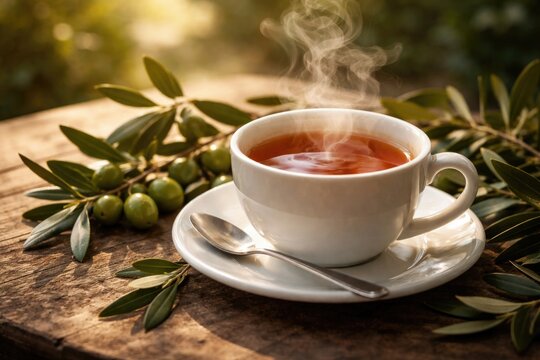 Brewed tea steaming in a white cup paired with freshly picked olive branches