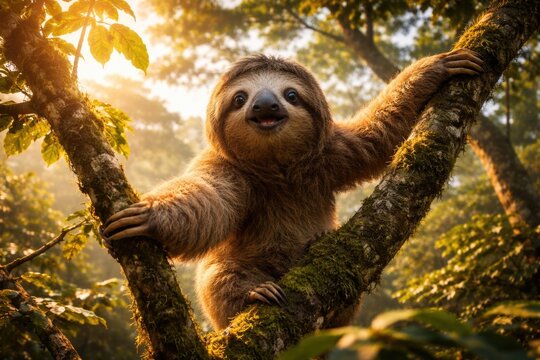 Joyful sloth exploring high branches during early morning