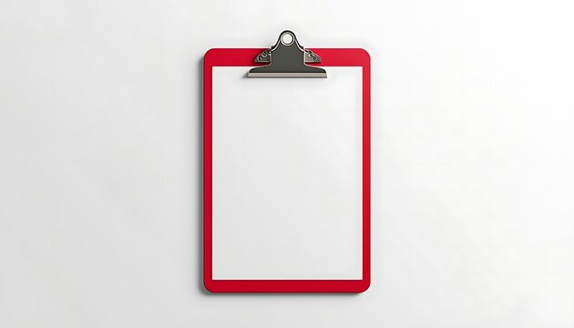 A red clipboard with a blank white sheet of paper attached
