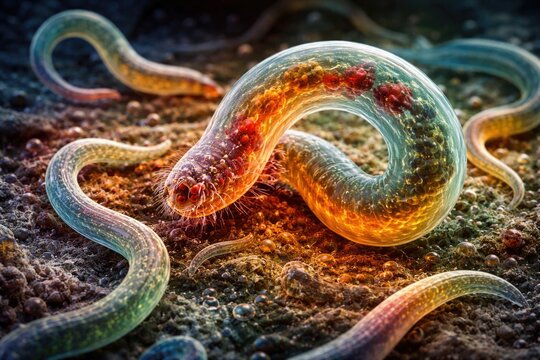 Colorful microscopic examination of nematoda worm exposing both parasitic and free living characteristics