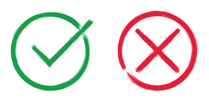 Cross box x check mark checkbox Hand drawn mark icon set. Two grunge brush strokes cross x and tick. Grunge green check mark and red cross mark icon set.  Vector  illustration