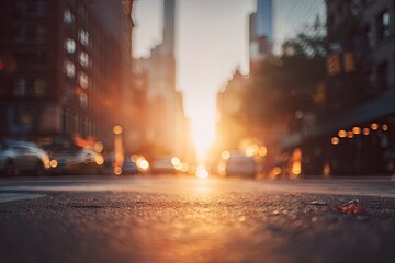 Obraz premium Soft focus street with warm sun flare over cars and buildings