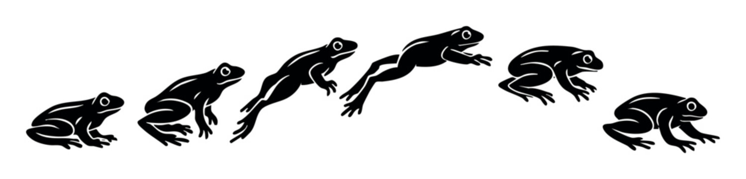 Stages of a frog jumping, illustrating motion, progress, and activity. Black silhouette of an amphibian animal