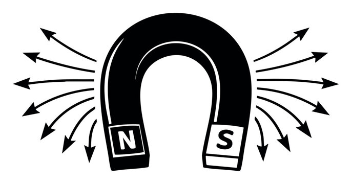 Horseshoe magnet creating a magnetic field, illustrating north and south poles with arrows representing lines of force and attraction