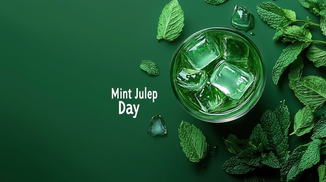 Minimalist banner design, "Mint Julep Day" in thin modern sans-serif white typography, single perfectly crafted mint julep cocktail centered, deep forest green solid background