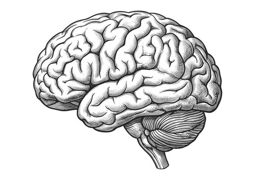 Human brain anatomy with detailed shading and texture. Hand drawn vintage engraved, vector illustration.
