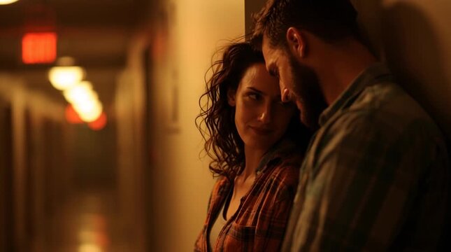 Couple leaning against a wall in a quiet hallway, foreheads touching, eyes closed. Semi-realistic scene emphasizing intimacy, calm, and deep mutual support in soft ambient light.
