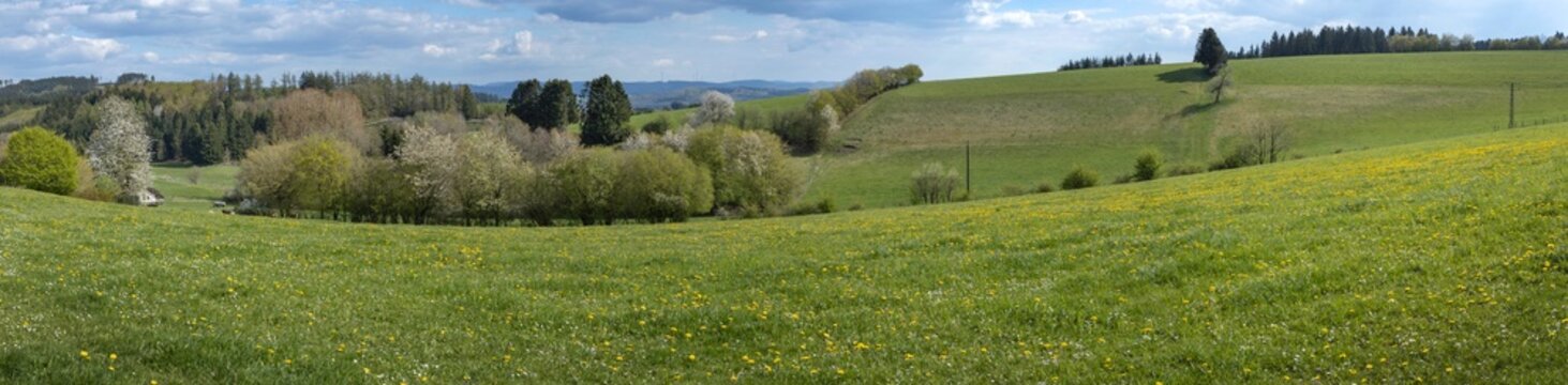 Countryside at Sauerland Germany with rolling hills near Sundern. Hills and hills. Rural German panoramic  landscape