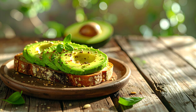 Avocado toast on rustic wooden table natural morning light fresh healthy breakfast scene