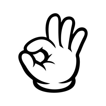 Logo con dibujos animados con l&iacute;neas de guantes estilo retro haciendo el gesto ok, con los dedos &iacute;ndice y pulgar unidos