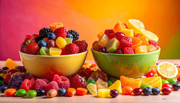 Unhealthy Food, Fruit bowl versus candy pile healthy choice concept fresh nutrition against sugary snacks