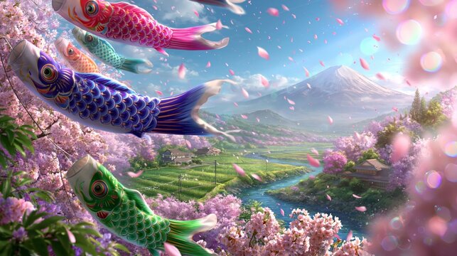 Colorful koi fish streamers flying among cherry blossom trees with Mount Fuji in the background, showcasing a serene landscape in Japan during springtime