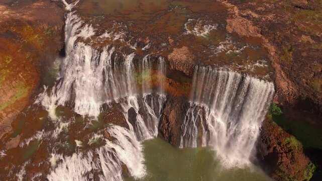 Aerial Drone Footage Sae Pong Lai Waterfall Full Width Falls Surrounding Tropical Forest Attapeu Laos
