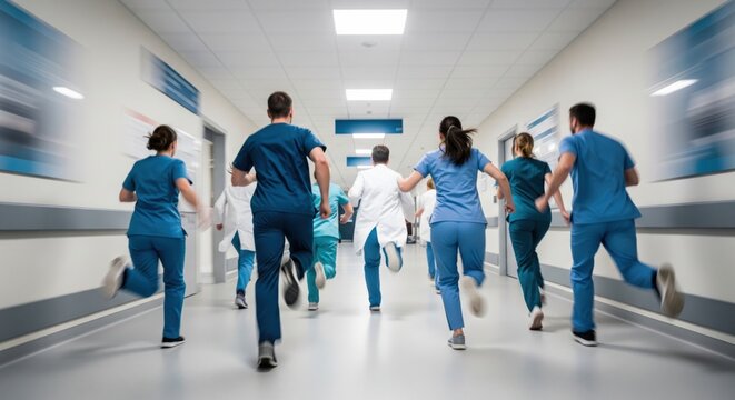 Busy doctors and woman nurses running through hospital hallway expressing urgency emergency response time pressure teamwork and nonstop intensity of modern healthcare environment