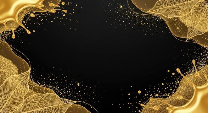 Golden liquid splatters on black background with abstract gold leaf design