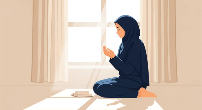 Vector illustration of a Muslim woman in a dark blue hijab sitting on a prayer rug with palms raised in dua, positioned near a window with curtains and soft morning sunlight rays.