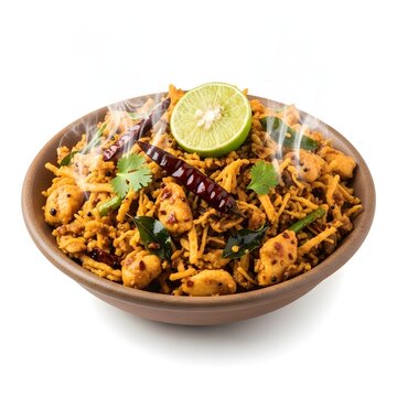 Spicy Chicken Kottu Roti Bowl Isolated on White Background Generative AI