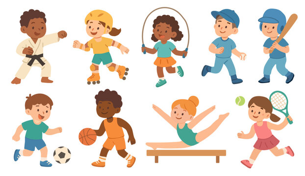 Set of kid sport children. Collection of boy girl competition activity karate, roller skating, jump rope, baseball, football, basketball, gymnastics and tennis. Vector flat illustration