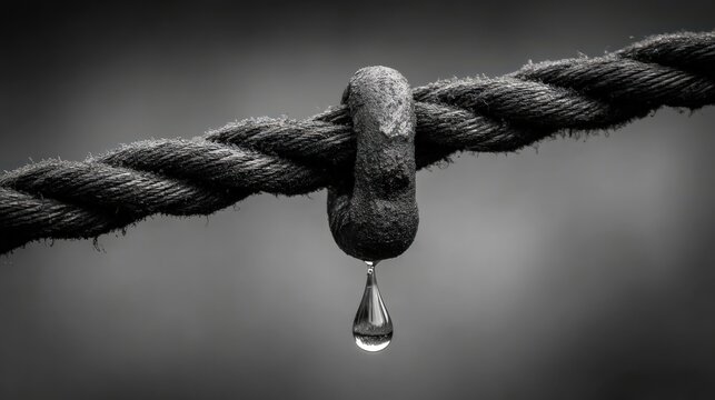 Close up of water droplet on metal hook attached to rope with monochrome effect
