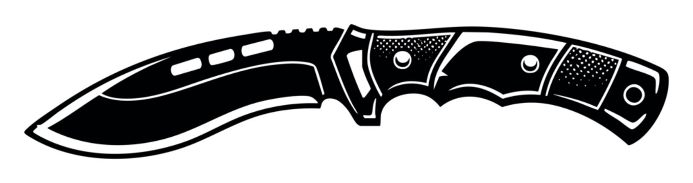 Black and white tactical knife featuring a sharp, curved blade and textured handle, representing outdoor adventure and utility