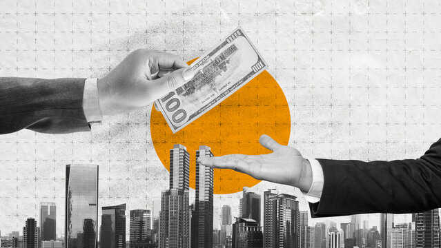 Digital collage of a hand giving a hundred dollar bill to another hand over a city skyline background with an orange sun. Conceptual image for finance, trade, and business deals