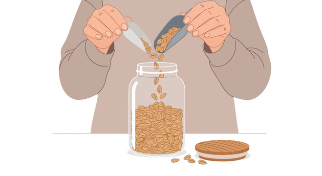 Person pouring cereal into glass jar, healthy breakfast food storage, kitchen counter with cookie