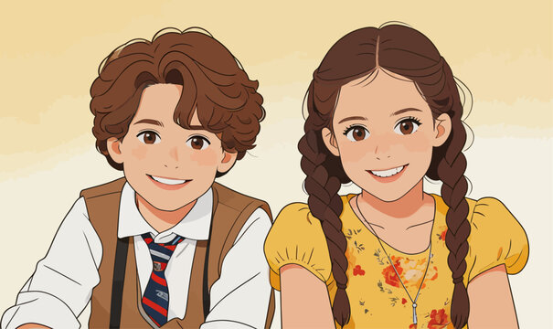 Vintage style illustration of two smiling teenage siblings