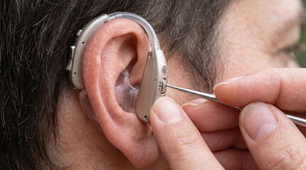 Fototapeta premium A close-up view of a doctor expertly adjusting a sleek, modern hearing aid on an elderly person