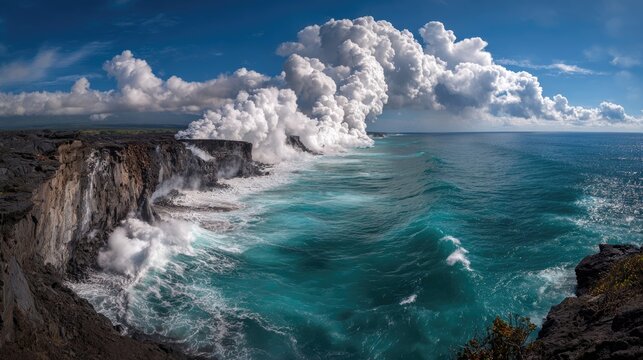 A panoramic wide-angle view of a Hawaiian volcanic coastline with lava meeting the sea, steam billowing dramatically, ocean turquoise and violent white surf, raw geological power, 