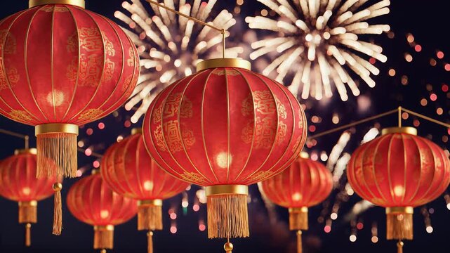 Vibrant Red Chinese Lanterns Illuminate Night Sky with Fireworks Display.