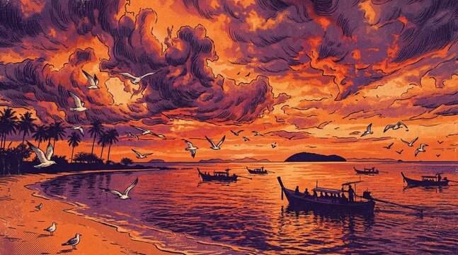 Digital painting of a tropical beach at sunset with fishing boats, flying seagulls, and palm trees under a dramatic orange sky. Vibrant coastal art.