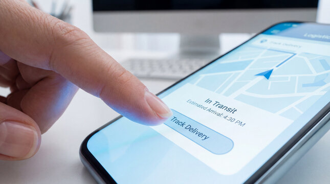 Close-up of a Finger Pressing Track Delivery Button on Smartphone App Interface with Real-Time Map and Package Shipping Status in Office