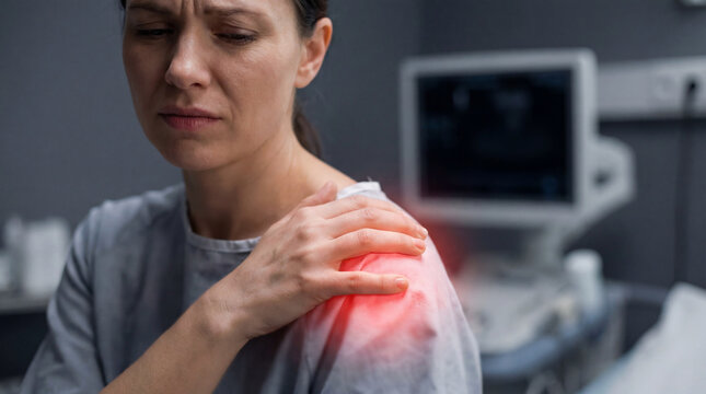 Woman in Hospital Gown with Intense Shoulder Pain and Red Inflammation Glow in Clinic Background with Ultrasound Machine for Medical Healthcare