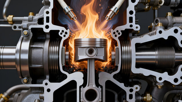 Detailed Cross Section of Internal Combustion Engine with Piston and Fire Ignition