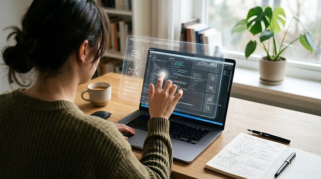 A woman sits at a desk working on a laptop with code displayed on the screen and a transparent overlay of code projected above the keyboard and screen.