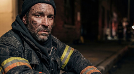 Fototapeta premium Tired firefighter resting after rescuing people from burning building. Exhausted man in dusty uniform with dirty face sitting on street at night. Professional emergency service response.
