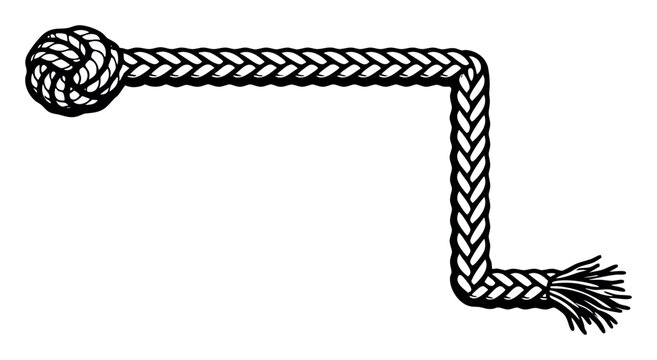 Nautical rope forming a decorative border with a monkey's fist knot at one end and a frayed end, creating a marine frame