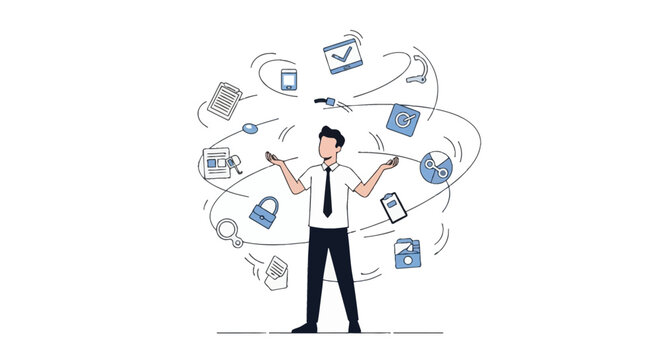 Vector illustration of a businessman juggling digital icons representing tasks, project management, data analysis, and communication on white background.