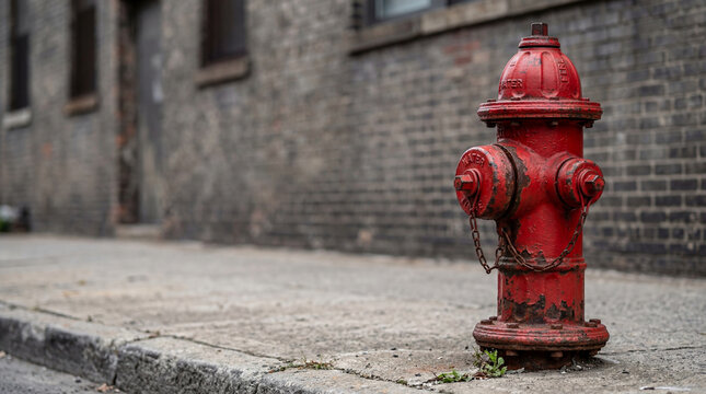 Red fire hydrant on city street. Equipment for emergency extinguishing of city blaze. Connection port for firefighter hose to access water supply during fire. Urban infrastructure safety.