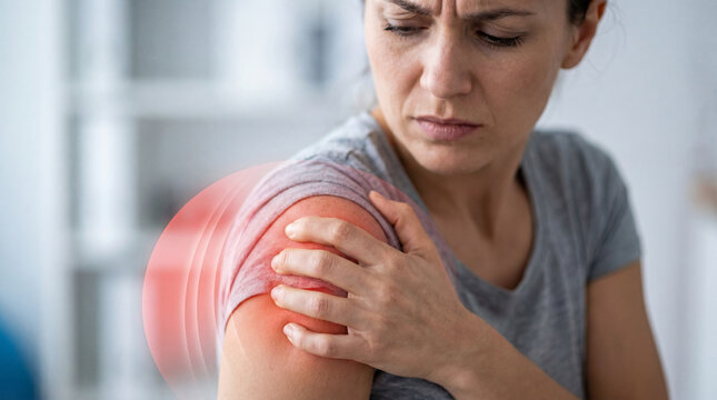 Middle-Aged Woman Suffering from Severe Shoulder Pain with Red Inflammation Glow Effect, Touching Joint in Agony, Orthopedic Healthcare Concept
