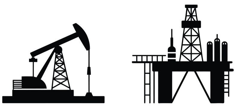 Oil rig sign vector graphic featuring oil drill platform and crude oil pumping system, energy production and petroleum extraction concept illustration suitable for refinery projects, industrial report