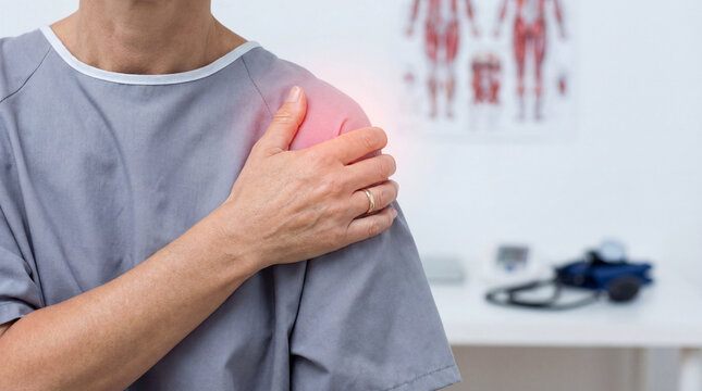 Senior Patient in Grey Gown Holding Sore Shoulder with Red Pain Highlight in Medical Clinic Office Environment