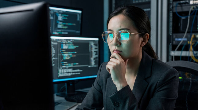 Concentrated Asian Female IT Specialist in Glasses Analyzing Code on Multiple Monitors in a Dark Data Center Server Room Environment