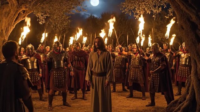 Jesus Christ, confronted by torch-bearing Roman soldiers, his solemn arrest in the Garden of Gethsemane, a pivotal night of biblical betrayal under the full moon