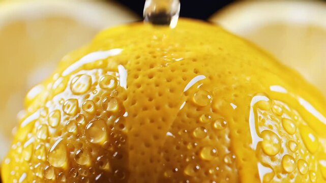 Closeup of a fresh lemon with water droplets and liquid pouring on it.