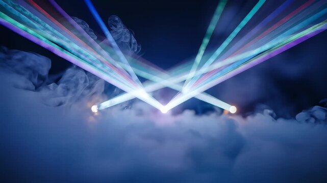 Dynamic Laser Light Show Illuminating Foggy Atmosphere.