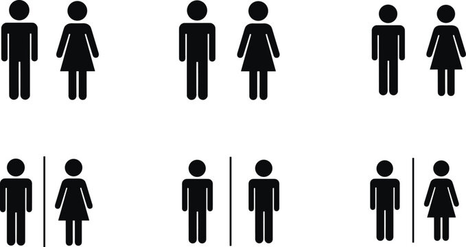 Set of male and female restroom and gender symbols with separation lines, minimalist black vector icons for public signage design